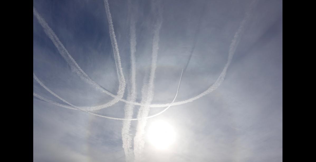 Photo by Nils Hahn INCREASED TRAFFIC— Nomeites noticed increased air traffic as seen in the busy contrails pattern in the sky as U.S. F-22 responded to six Russian bombers and fighter jets approaching the Alaska Air Defense Zone, on May 20.