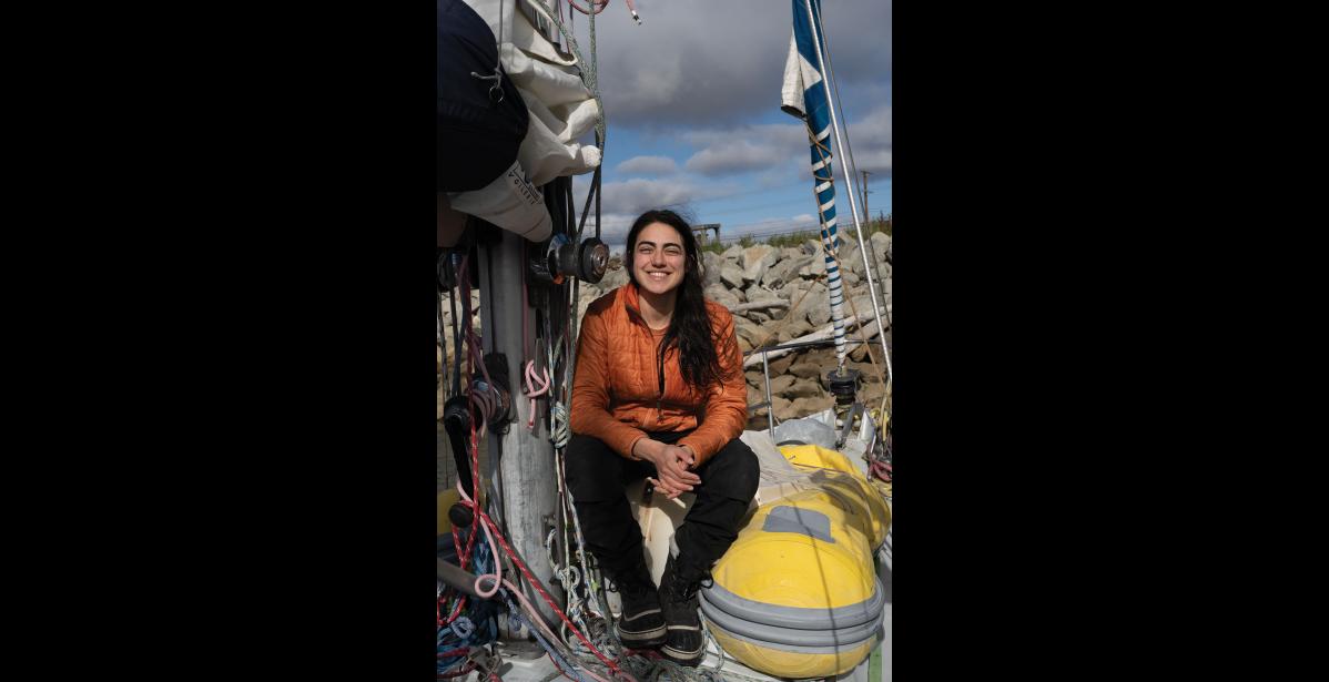 Photo by Ariana Crockett O'Harra ALL SMILES—Tamara Klink on deck of the Sardinha 2, in Nome, on Sept. 11, 2025