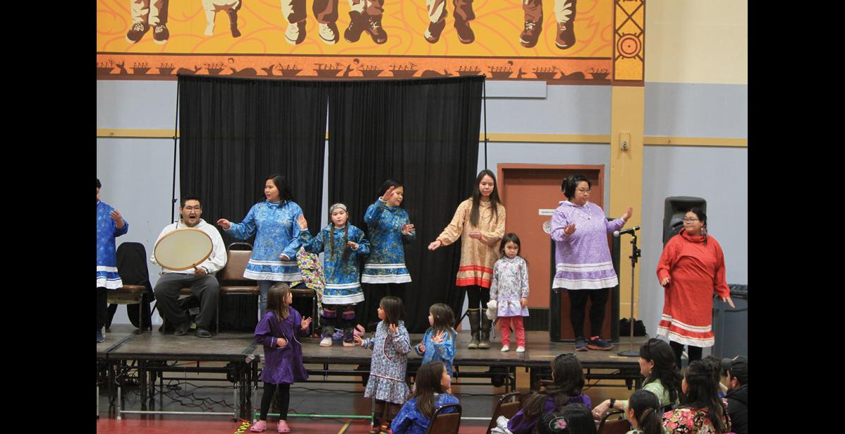 Photo by Anna Lionas MOVING & GROOVING— The St. Lawrence Island Dance Group performs at the Indigenous Peoples’ Day celebration at the Rec Center on Monday, Oct. 9.