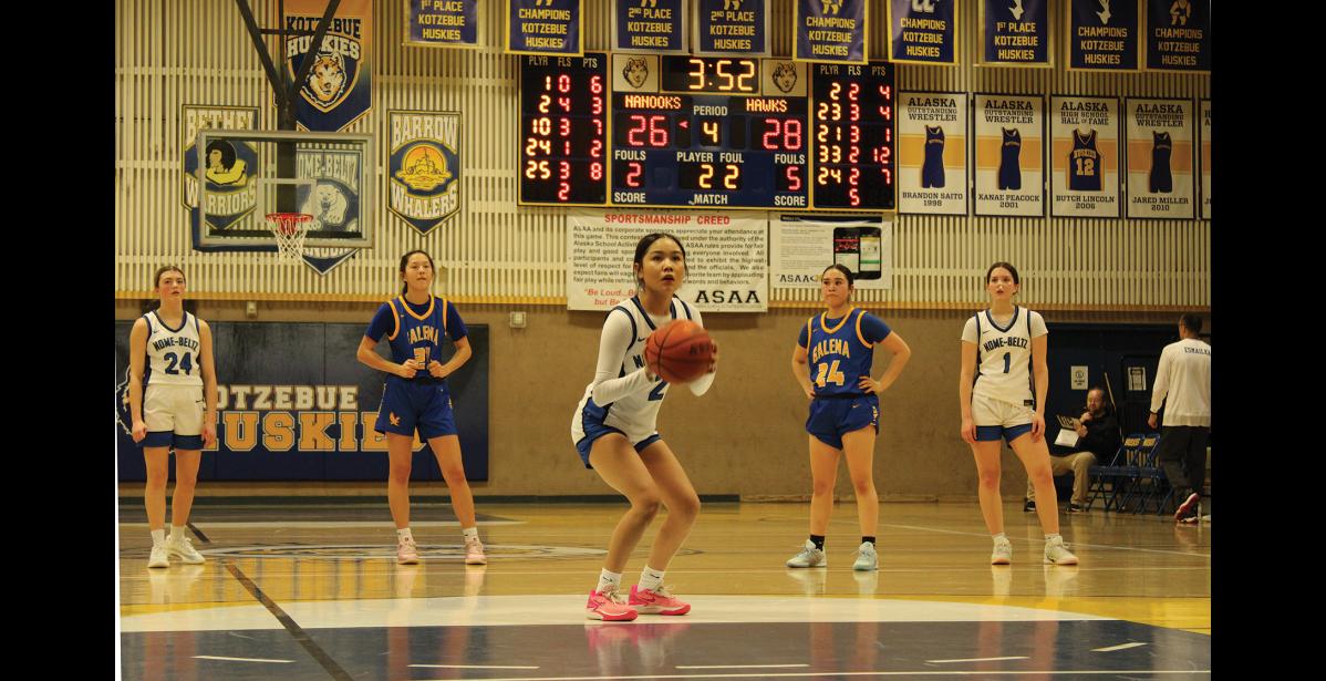 Photo by Alanna Geffe FREE THROW— Nome-Beltz junior point guard Luella Tumulak shoots a free throw against Galena during the Husky Shootout at Kotzebue High School, January 30, 2026.