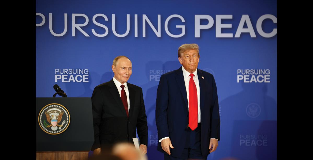 Photo by Jenni Monet PURSUING PEACE— President Donald Trump and Russia's President Vladimir Putin Friday, Aug. 15, 2025, wrapping up a press conference at Joint Base Elmendorf-Richardson, but without taking any questions from the press.