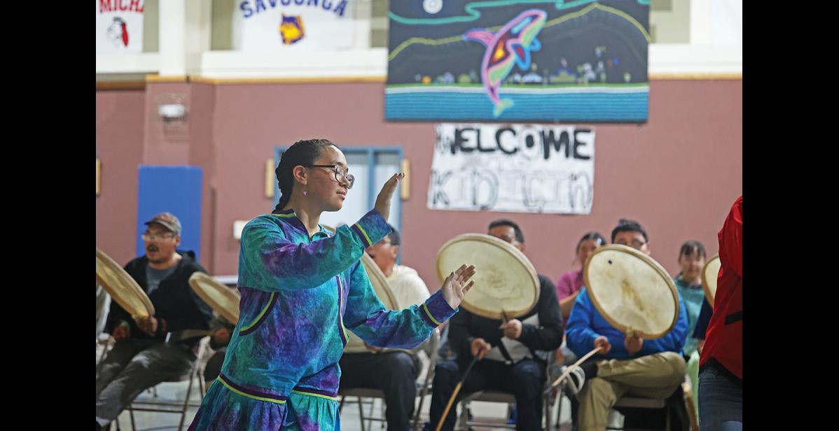 Photo by Megan Gannon A WALE(S) OF A GOOD TIME — Iris Tokeinna of Wales danced with the rest of her group during their final performance of the 22nd Annual Kingikmiut Dance Festival.