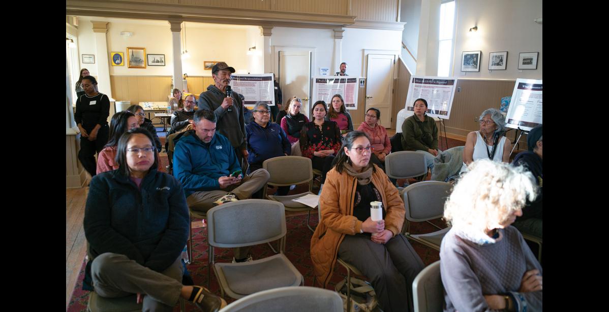 HUNTER TESTIMONY— Jerry Okbaok with the Native Village of Teller commented during a scoping meeting the U.S. Army Corps of Engineers convened in Nome on Thursday, Oct. 15 to gather input as the federal agency prepares an Environmental Impact Statement for the proposed Graphite One mine. Photo by Nils Hahn