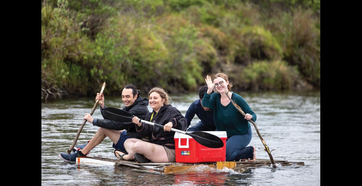 Photo by Sarah Manriquez Team Spike pushes off from the shore second in line at the start of the annual Midnight Sun Raft Race on Sunday, June 22, 2025. The race, beginning at Mile 13 along Kougarok Road, features homemade rafts, spirited competition, and plenty of splashing.