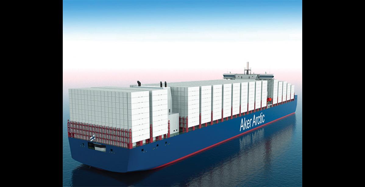 Photo courtesy of Aker Arctic GIANT CONTAINERSHIP— Last week, the Finnish engineering company Aker Arctic announced their new icebreaking container ship, shown in this digital rendering. The ship is specially designed to transit the Northern Sea Route without icebreaker assistance.