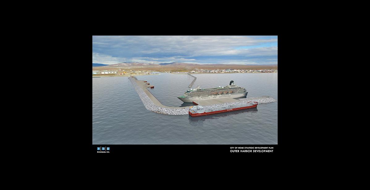 Graphic rendering by PNG EXPANSION— The graphic shows the vision for a future Port of Nome.