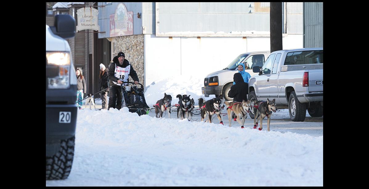 Photo by Diana Haecker Dallas Seavey on Front Street in Nome, finishing the 2017 race in second place.