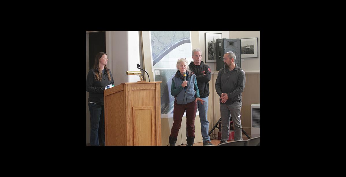 Photo by Diana Haecker ANSWERING— ACOE’s Leslie Tose answers a question from the public during last Thursday’s meeting regarding IPOP permits. Pictured are (left to right) DNR’s Charlene Bringhurst, Tose, IPOP liaison Mitch Erickson and DEC’s Allan Nakanishi.