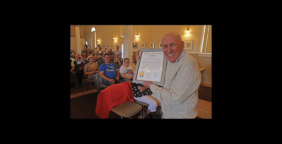Photo by Diana Haecker HONORING RICHARD BENEVILLE— Beneville was gifted with a citation from the Alaska State Legislature honoring his many contributions to Nome and the state, during the Richard Beneville Day celebration on June 22, at Old St. Joe’s.