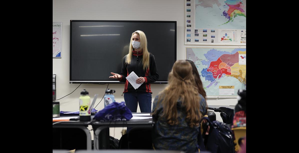 Photo by Diana Haecker VISITING NOME— Senatorial candidate Kelly Tshibaka visited with students at Nome-Beltz Highschool on Tuesday, Nov. 23, during her trip to Nome and the region.