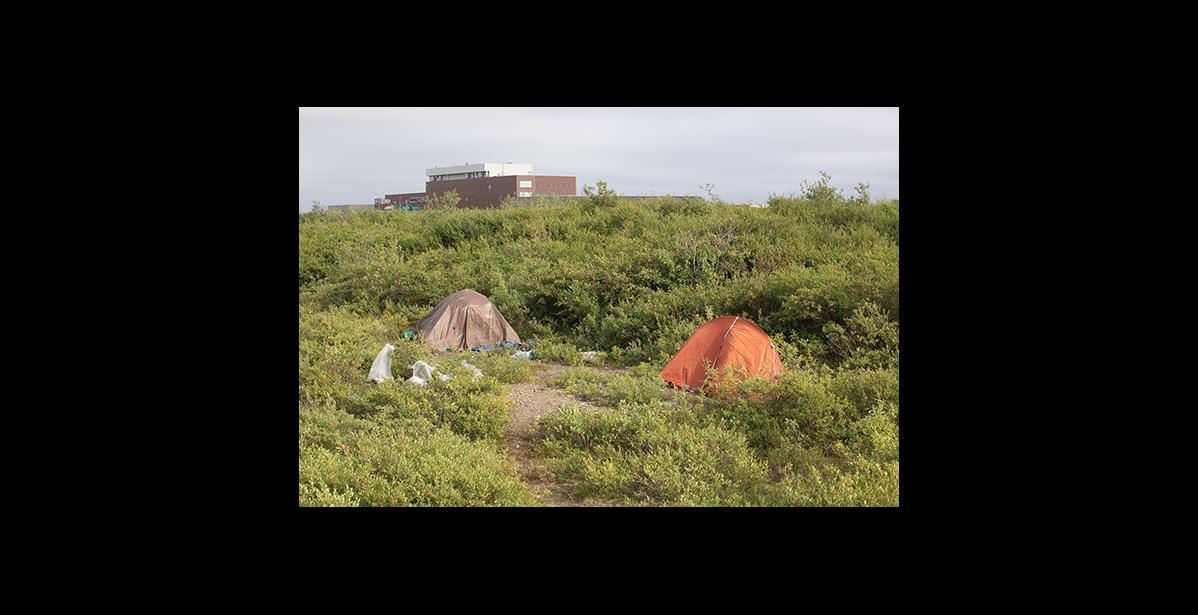 Photo by James Mason HIDDEN– Two tents being used by homeless persons are hidden from view off Greg Kruschek Avenue.