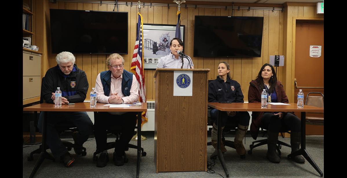 Photo by Anna Lionas The City of Nome held a press conference after the wreckage of the Bering Air plane was located on the sea ice 34 miles southeast of Nome.