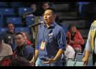 Photo by Julie St. Louis CLIMATE CHANGE RESOLUTION—Esau Sinnok speaks passionately in support of the Youth and Elders climate change resolutions at AFN.