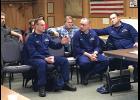 Photo by Sandra Medearis TALKING IT OVER—District 17 U.S. Coast Guard personnel came to Nome to meet with dredge operators who say this season’s enforcement of USCG existing safety regulations will cost lots of money and should not apply to the fleet of “unique” mining dredges. Left to right are Commander Justin Jacobs, Lt. Commander Mason Wilcox, Commander Christopher Coutu.
