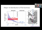 STRAIT SCIENCE — Franz Mueter gave a Strait Science lecture to talk about the potential fisheries moving northward as the climate changes. The graph here shows how the density of fish in the Bering Sea general declines as one goes further north. But under warm conditions, such as the region saw in 2018-2019, fish density is relatively uniform across the Bering Sea.